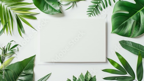 Blank greeting card mockup with green leaves on white table for birthday or wedding