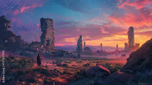 Nearby, other ruins suggest secrets of the past that have not yet been revealed. The colorful evening sky creates a dramatic backdrop for this thrilling moment of discovery AI Generated