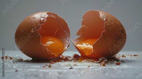 A broken brown egg on a white surface