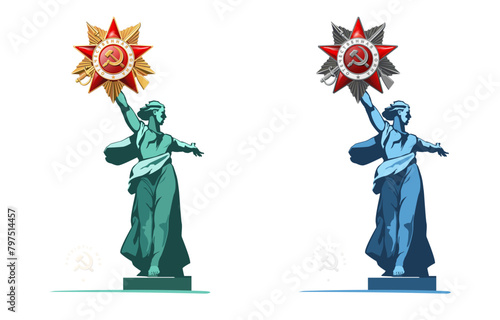 Vector illustration. Sculpture-monument Motherland is calling. May 9th. Happy Victory Day! Order of the Patriotic War 1st and 2nd degrees. Translation of Russian inscriptions: Battle of Stalingrad
