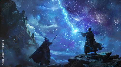 Wizard duel, Spellcasting under a starry sky, Dynamic and vivid, Strategic copy space