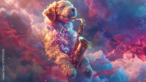 A puppy with glowing, iridescent fur sits atop a floating cloud with a saxophone