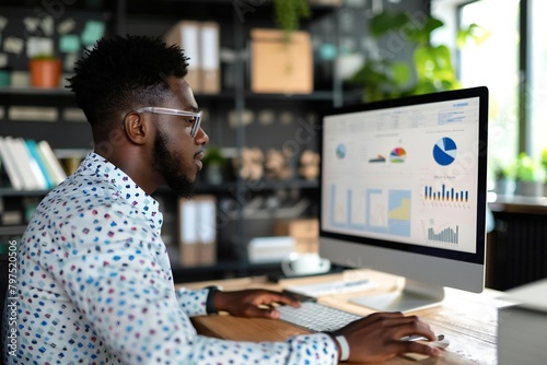 Man in black using computer looking at data analyst