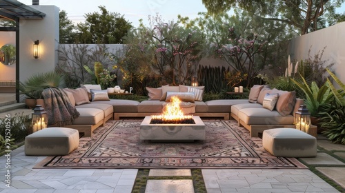 A lowprofile fire pit sits in the center of a chic outdoor lounge area complete with comfortable seating a stylish rug and lanterns for additional lighting. 2d flat cartoon.