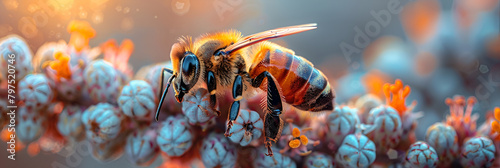 Bee sitting on flower and collects pollen, Bee on water honeybee macro