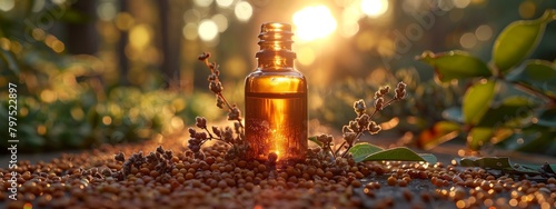 Liquid plant essence in glass bottle atop coffee beans pile