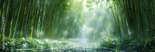 A bamboo forest with rain drops on the ground.