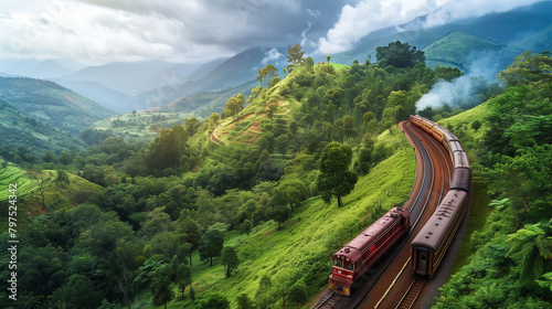 a scenic train journey winding through majestic mountains and verdant valleys, showcasing the beauty of railway travel. 