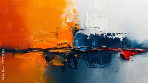 An abstract oil painting with orange, gold, and blue colors.