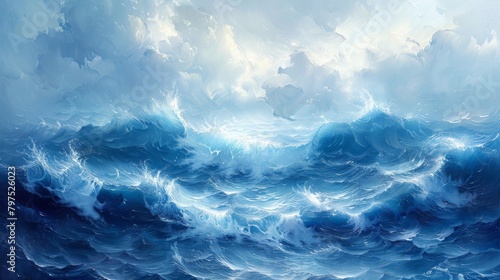 Hand-painted oil illustrations of ocean waves and tidal waves. Winter scenery with blue sea and tidal waves. Slash. Slash.