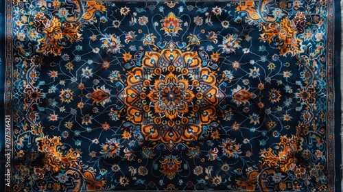 Design of antique carpet. The boring background. Frame the old carpet color geometric knitwear carpet textile texture abstract geometry of orange, blue, black......