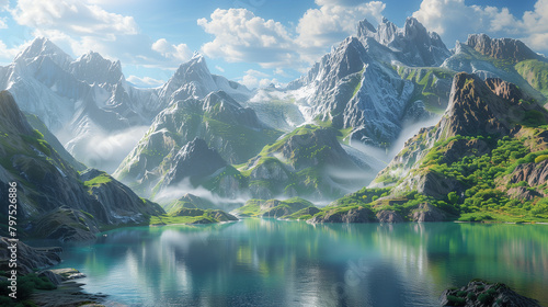  a mesmerizing 3D landscape where towering mountains meet a serene lake below.