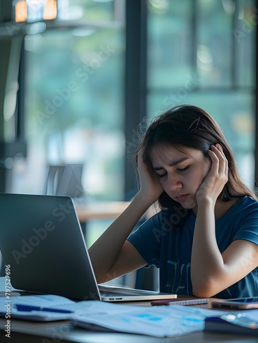 An Exhausted Woman Finds Little Respite Even in a WellLit Office While Working on Her Laptop