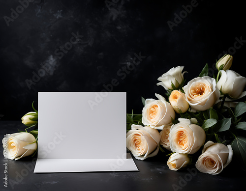 White blank condolence card with fresh flowers on the dark background. Empty place for a text