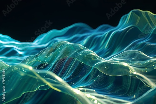 3D Light Wave Synthesis: Glowing Aquatic Waves of Digital Brilliance