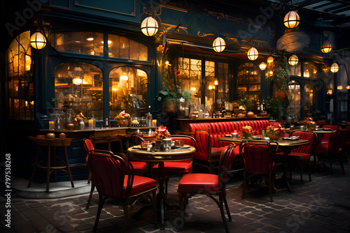Tables and chairs of a Parisian restaurant at night. France