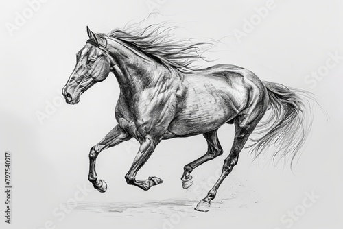 Trotting Horse: Lifelike Graphite Drawing with Shaded Muscles and Flowing Mane