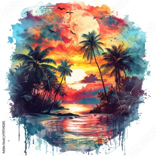 A tropical island paradise, painted in a lush, vibrant watercolor style, with bold, bright colors creating a sense of exoticism and adventure