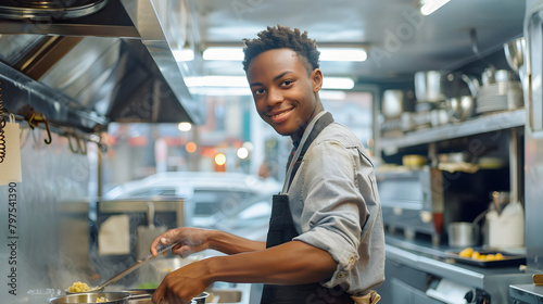 A young adult with hearing loss is enthusiastically preparing food in a city diner. 
