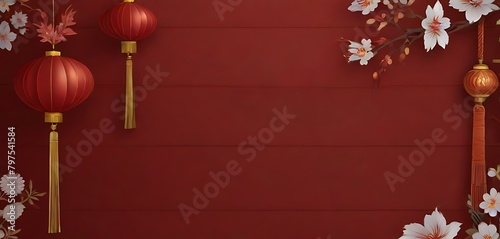 中国新年横幅与圆圈展示产品。问候卡。中国框架与红色背景上的灯笼