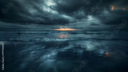 Dark,Moody Seascape with Thick Oil Sheen Reflecting a Somber Sunset