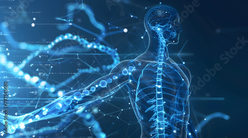 Abstract background with a blue double helix structure representing DNA and a biomedical assistant. Abstract background with a blue double helical model of the human body