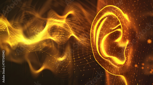 Abstract background with a yellow wave pattern representing sound waves and an acoustic engineer. Abstract environment with a yellow wave model of the human ear where one eardrum is spotlighted. 