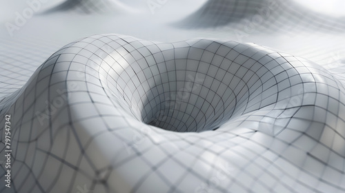 Abstract setting with a white grid structure illustrating spacetime curvature and a theoretical physicist. Abstract scene with a white grid model of the universe
