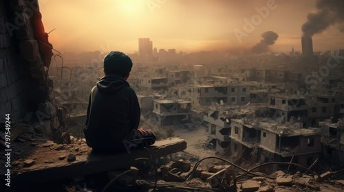 Political conflict. Destroyed buildings background. Terrible tragic war concept. Global crisis. People suffer. Bombed ruined houses. City streets after rocket bomb explosion.