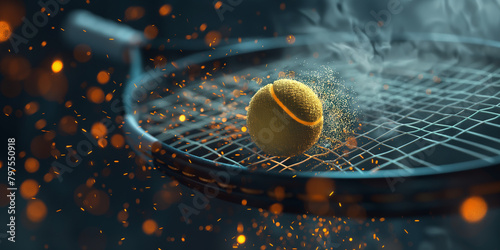 Tennis Schläger und Tennis Ball im schönen dunklen Licht und effektvollen Hintergrund