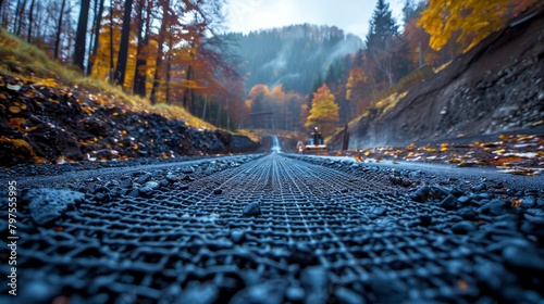 Geogrid volume at the base of a pedestrian road, road constructions and reinforcements covered with fine gravel. Modern technologies for road construction and hill strengthening.