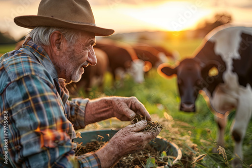 Mature farmers feeding cows on field at sunset 