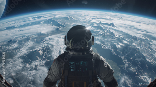astronaut floating in the space, watching earth, cosmos and stars