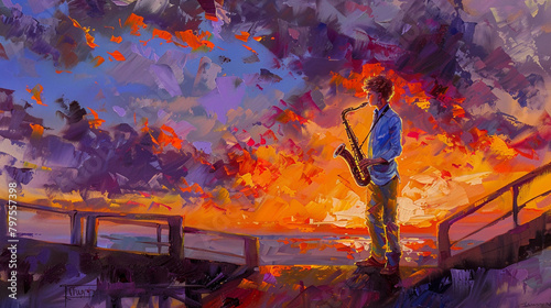 Realistic yet impressionistic oil painting of a saxophonist at sunset, with vivid sky hues enhancing the scene.