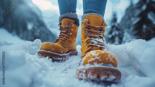 Walking on crisp, fresh snow in winter boots. Warm clothes. Close-up.
