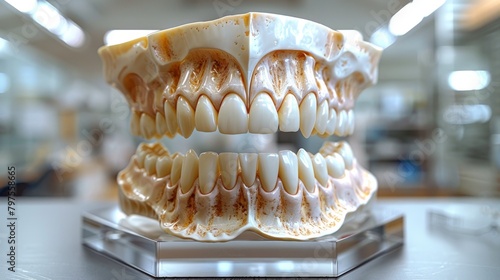 The model of a dental jaw with implants, teeth, images of dental nerves and tartars, used to inform clients of a dental clinic. Closeup view of a dental jaw with implants, teeth, images of dental