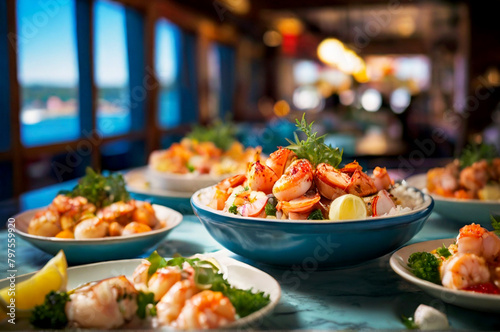 restaurant food with a seafood menu, in a luxurious room, delicious seafood