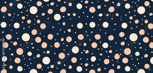 Rich navy canvas with soft peach polka dots for striking visual contrast.