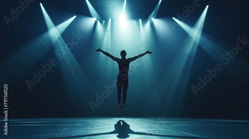 A gymnast flawlessly executing a complex aerial routine on the balance beam, showcasing extraordinary flexibility and precision