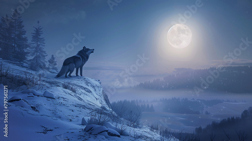 A lone wolf howling at the moon from atop a serene, snowy hillside. 