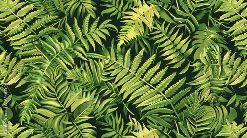 A digital pattern design featuring a repeating pattern of fern fronds in varying sizes and orientations perfect for use in textiles or wallpaper..