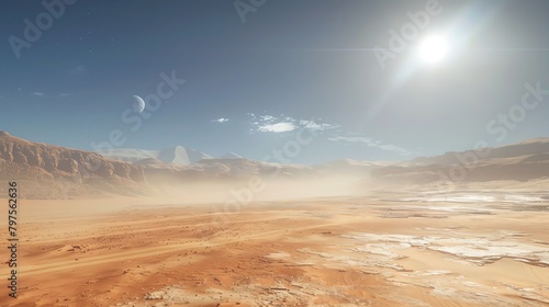Majestic desert landscape under a clear blue sky, showcasing vast sand dunes and adventure themes