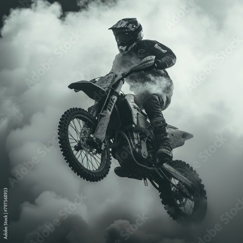 Motorcycle Jump with Smoke - Cinematic Black and White Action Scene - Dynamic Motocross Stunt in Dense Smoke - Intense and Dramatic - Generative AI