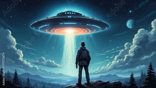 Man gazes at UFO in sky, retro illustration.