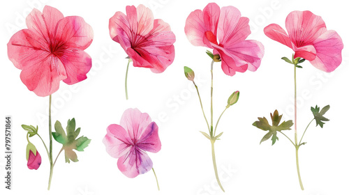 Set of Geranium flowers clipart watercolor isolated on white or transparent background png cutout