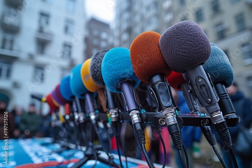 Press conference podium surrounded by media microphones