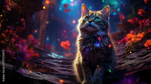 Eternal Cat Fairy standing straight in a colorful space. The tip of the tail drooped slightly, gracefully drifting like aquatic weeds in the air, AI Generative