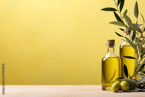 Olive oil bottle and olive branch on wooden table over yellow background
