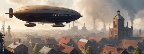 Old-fashioned zeppelin floating above a bustling retro industrial revolution-era town.
