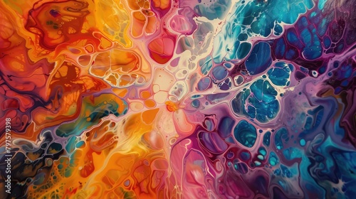 Bright acrylic blobs merging on a canvas